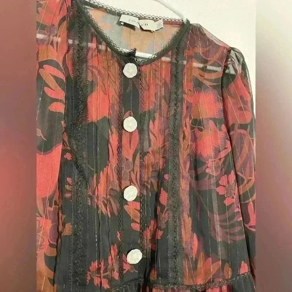 COACH 1941 Dark Red Forest Floral Print Tea Rose Blouse Womens Size 2 NWOT